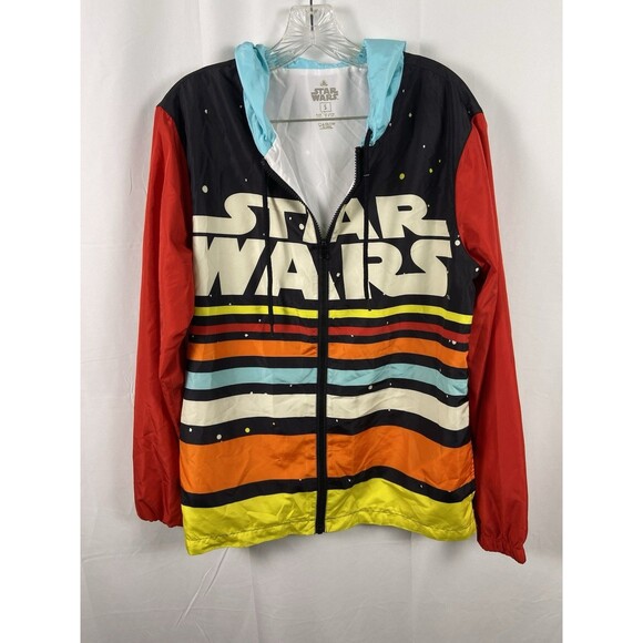 Disney Parks Star Wars Windbreaker Jacket Mens Large Colorful Retro Hooded Sz S - Picture 1 of 14